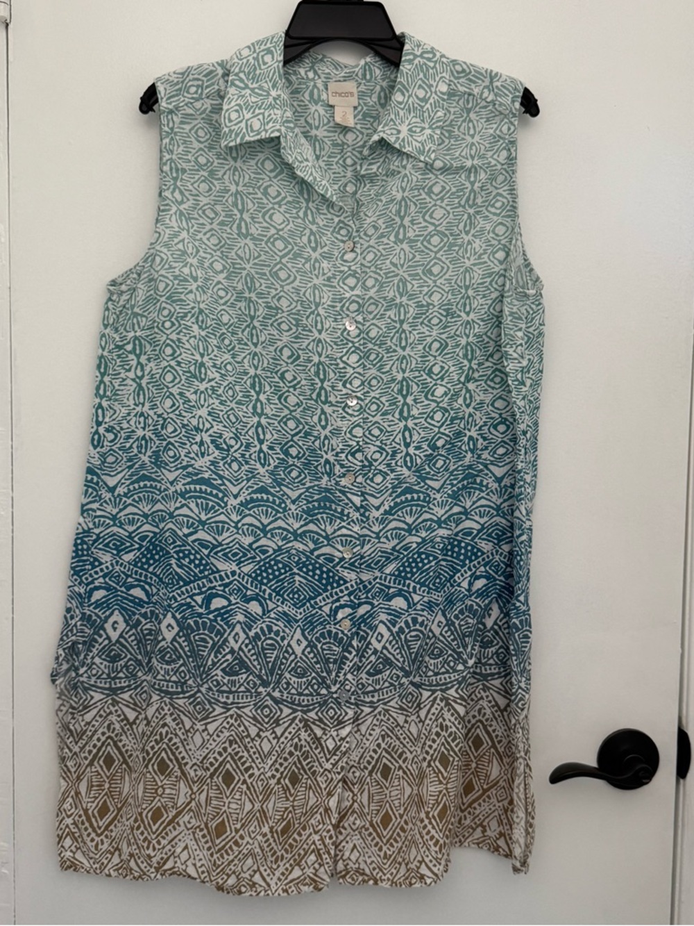Chico's Sleeveless Ombre Geo-Print Mini Dress in Teal, Blue & Brown